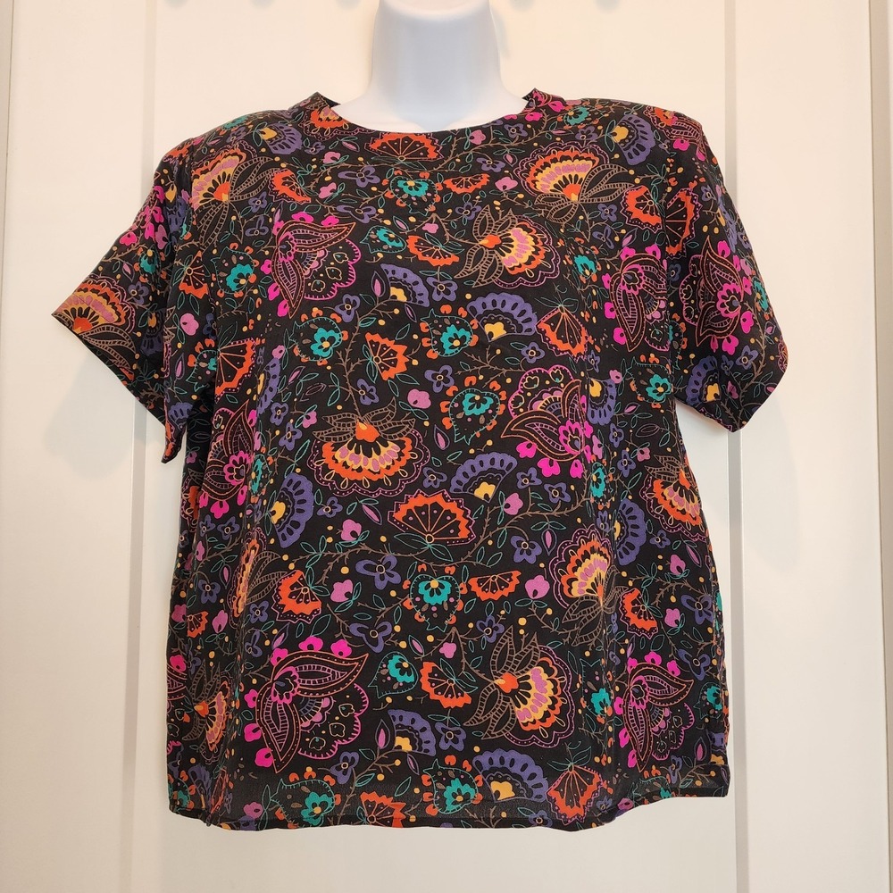 VTG Anna‎ and Frank 100% Silk Top M Petite Boho Floral Dark Academia Art To Wear